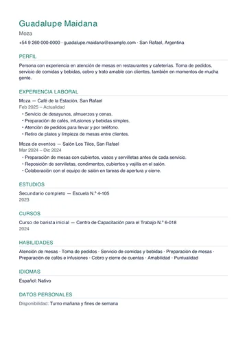 Ejemplo de CV de moza con poca experiencia en cafetería y eventos, hecho con CV Amigo. Datos inventados.