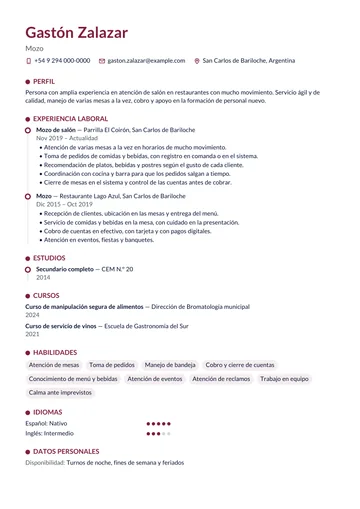Ejemplo de CV de mozo de restaurante con experiencia en salón, hecho con CV Amigo. Datos inventados.