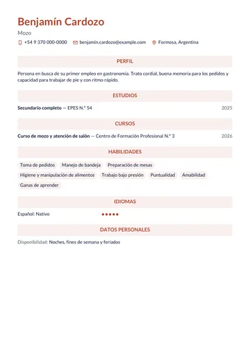 Ejemplo de CV de mozo sin experiencia, con secundario y un curso de salón, hecho con CV Amigo. Datos inventados.