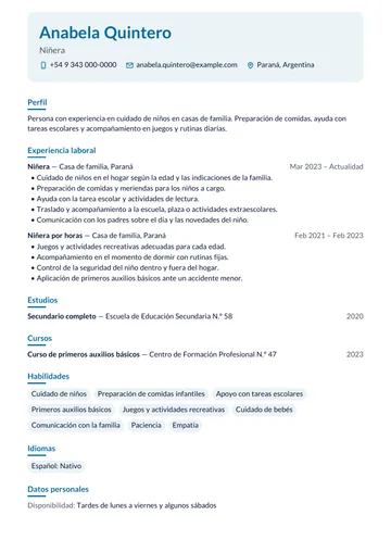 Ejemplo de CV de niñera con experiencia en casas de familia, hecho con CV Amigo. Datos inventados.