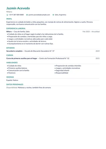 Ejemplo de CV de niñera con un solo trabajo anterior y un curso, hecho con CV Amigo. Datos inventados.