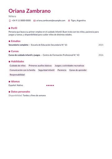 Ejemplo de CV de niñera sin experiencia, con secundario y un curso de cuidado infantil, hecho con CV Amigo. Datos inventados.