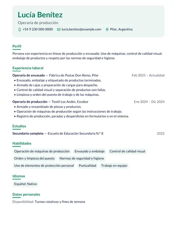 Ejemplo de CV de operaria con poca experiencia en envasado y textil, hecho con CV Amigo. Datos inventados.