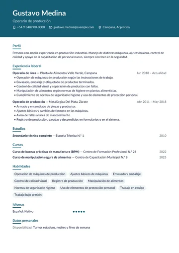 Ejemplo de CV de operario de producción con experiencia en planta de alimentos y metalúrgica, hecho con CV Amigo. Datos inventados.