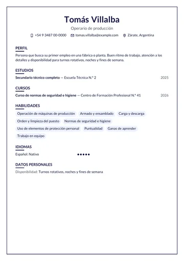 Ejemplo de CV de operario sin experiencia, con secundario técnico y un curso de seguridad, hecho con CV Amigo. Datos inventados.