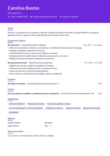 Ejemplo de CV de recepcionista de consultorio con experiencia, hecho con CV Amigo. Datos inventados.