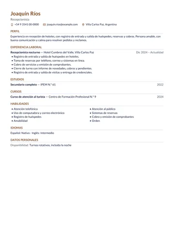 Ejemplo de CV de recepcionista de hotel con un solo trabajo anterior, hecho con CV Amigo. Datos inventados.