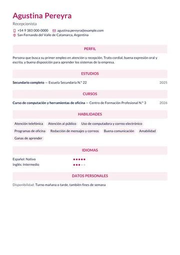 Ejemplo de CV de recepcionista sin experiencia, con secundario y un curso de oficina, hecho con CV Amigo. Datos inventados.