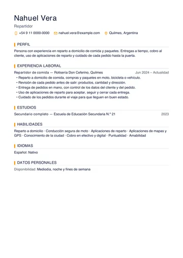 Ejemplo de CV de repartidor de comida con un solo trabajo anterior, hecho con CV Amigo. Datos inventados.