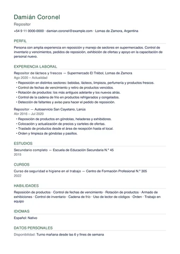 Ejemplo de CV de repositor de supermercado con experiencia en lácteos y depósito, hecho con CV Amigo. Datos inventados.