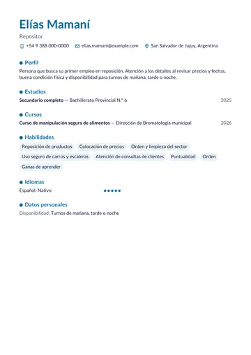 Ejemplo de CV de repositor sin experiencia, con secundario completo y un curso, hecho con CV Amigo. Datos inventados.