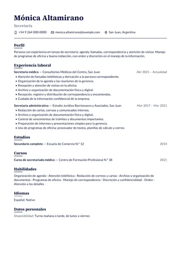 Ejemplo de CV de secretaria con experiencia en consultorio y estudio jurídico, hecho con CV Amigo. Datos inventados.