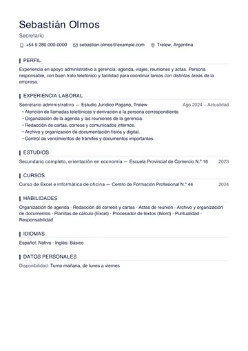 Ejemplo de CV de secretario de estudio jurídico con un solo trabajo anterior, hecho con CV Amigo. Datos inventados.