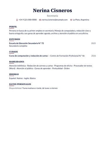 Ejemplo de CV de secretaria sin experiencia, con secundario y un curso de computación, hecho con CV Amigo. Datos inventados.