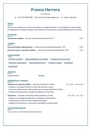 Ejemplo de CV con ayuda en un almacén familiar y voluntariado escritos como experiencia, hecho con CV Amigo. Datos inventados.