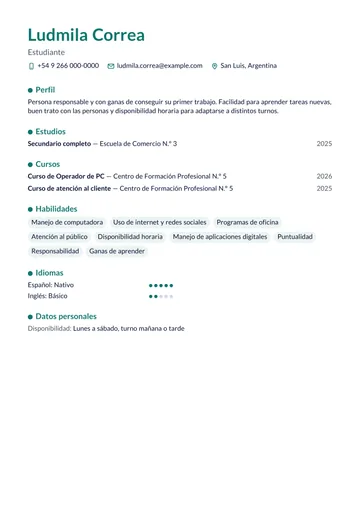 Ejemplo de CV sin experiencia laboral, con secundario completo y cursos, hecho con CV Amigo. Datos inventados.