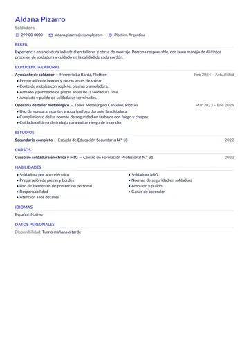 Ejemplo de CV de soldadora con poca experiencia, como ayudante en una herrería, hecho con CV Amigo. Datos inventados.