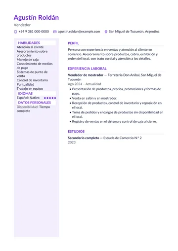 Ejemplo de CV de vendedor de mostrador con un solo trabajo anterior, hecho con CV Amigo. Datos inventados.