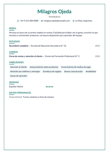 Ejemplo de CV de vendedora sin experiencia, con estudios y un curso de ventas, hecho con CV Amigo. Datos inventados.