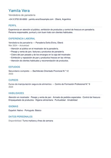 Ejemplo de CV ya completado de una vendedora de panadería, con diseño simple, hecho con CV Amigo. Datos inventados.