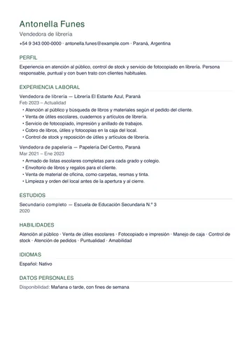 Ejemplo de CV simple de una vendedora de librería, con diseño Clásico, hecho con CV Amigo. Datos inventados.