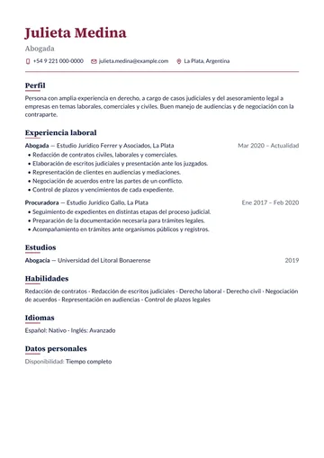 Ejemplo de currículum de abogada en Argentina con el diseño Elegante, hecho con CV Amigo. Datos inventados.