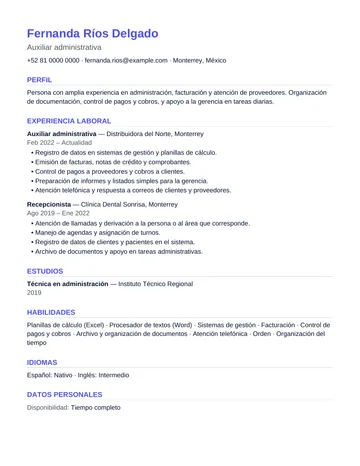 Ejemplo de currículum de auxiliar administrativa en México con el diseño Clásico, hecho con CV Amigo. Datos inventados.