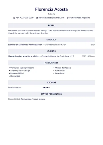 Ejemplo de currículum de cajera en Argentina con el diseño Franja, hecho con CV Amigo. Datos inventados.