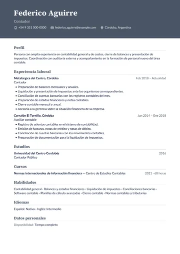 Ejemplo de currículum de contador en Argentina con el diseño Ejecutivo, hecho con CV Amigo. Datos inventados.