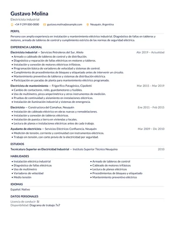 Ejemplo de currículum de electricista industrial en Argentina con el diseño Compacto, hecho con CV Amigo. Datos inventados.