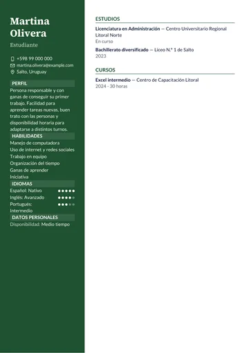 Ejemplo de currículum de estudiante en Uruguay con el diseño Sobrio, hecho con CV Amigo. Datos inventados.