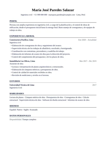 Ejemplo de currículum de ingeniera civil en Perú con el diseño Harvard, hecho con CV Amigo. Datos inventados.