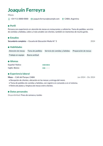 Ejemplo de currículum de mozo en Argentina con el diseño Inicio, hecho con CV Amigo. Datos inventados.