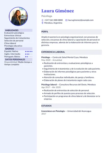 Ejemplo de currículum de psicóloga en Argentina con el diseño Plata, hecho con CV Amigo. Datos inventados.
