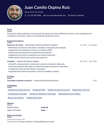 Ejemplo de hoja de vida de supervisor de ventas en Colombia con el diseño Moderno, hecho con CV Amigo. Datos inventados.
