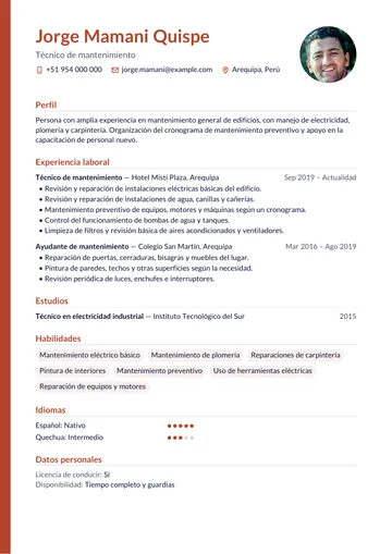 Ejemplo de currículum de técnico de mantenimiento en Perú con el diseño Borde, hecho con CV Amigo. Datos inventados.